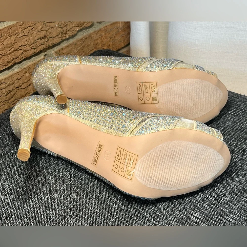 De Blossom Barbara Rhinestone Peep Toe Heels Gold Formal Wedding Size 9 NEW